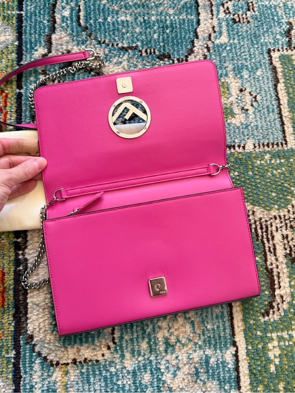 SOLD❗️FENDI Calfskin F is Fendi Kan I WOC chain crossbody bag fuchsia pink - Picture 7 of 11